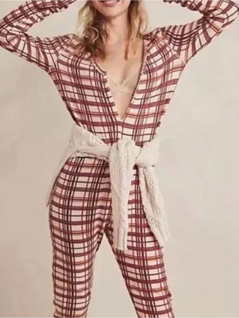 Free People plaid Home Alone Long Johns in beige